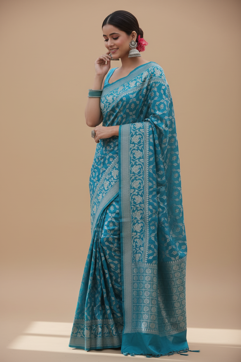 Snuggle Spot Women's Silk Printed Saree With Unstitched Blouse 5.5Mtr (Sky Blue)