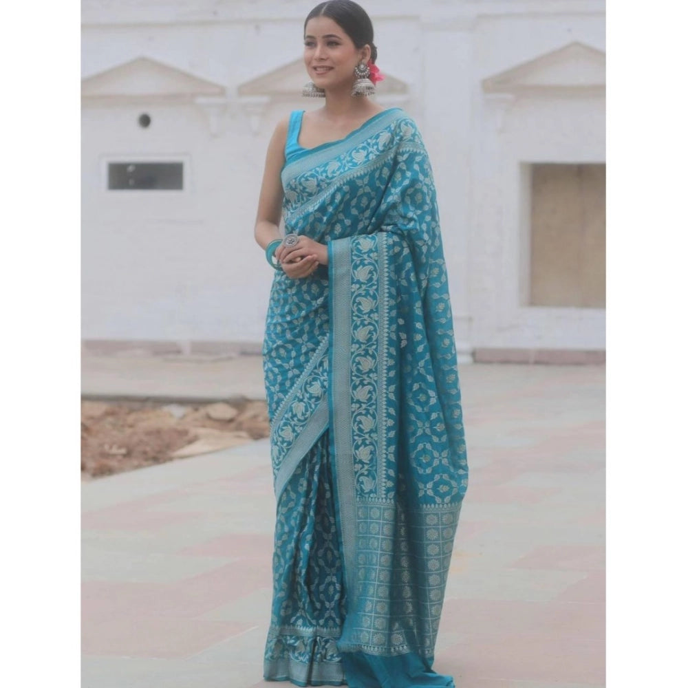 Snuggle Spot Women's Silk Printed Saree With Unstitched Blouse 5.5Mtr (Sky Blue)