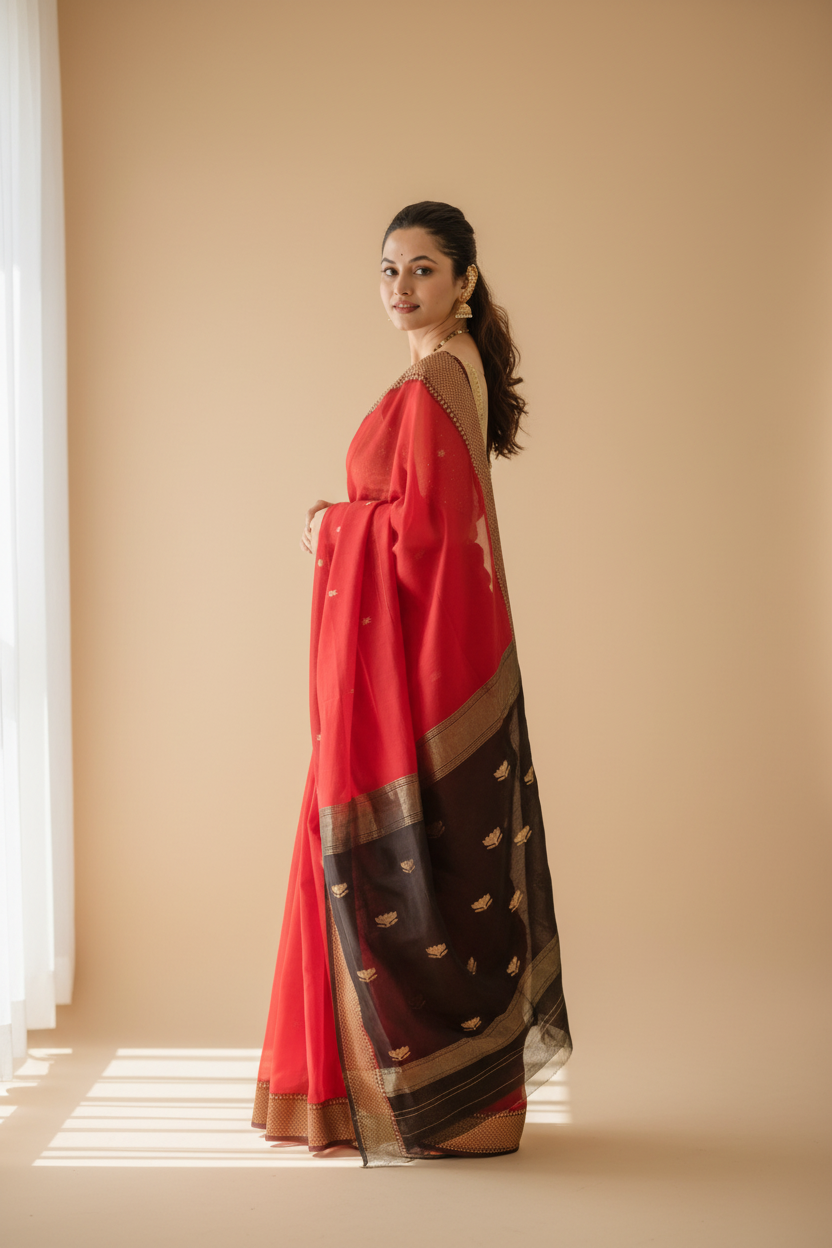 Snuggle Spot Women's Cotton  Printed Saree With Unstitched Blouse 5.5Mtr (Red)