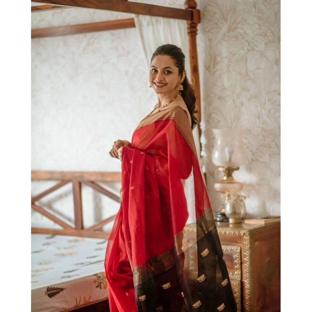 Snuggle Spot Women's Cotton  Printed Saree With Unstitched Blouse 5.5Mtr (Red)