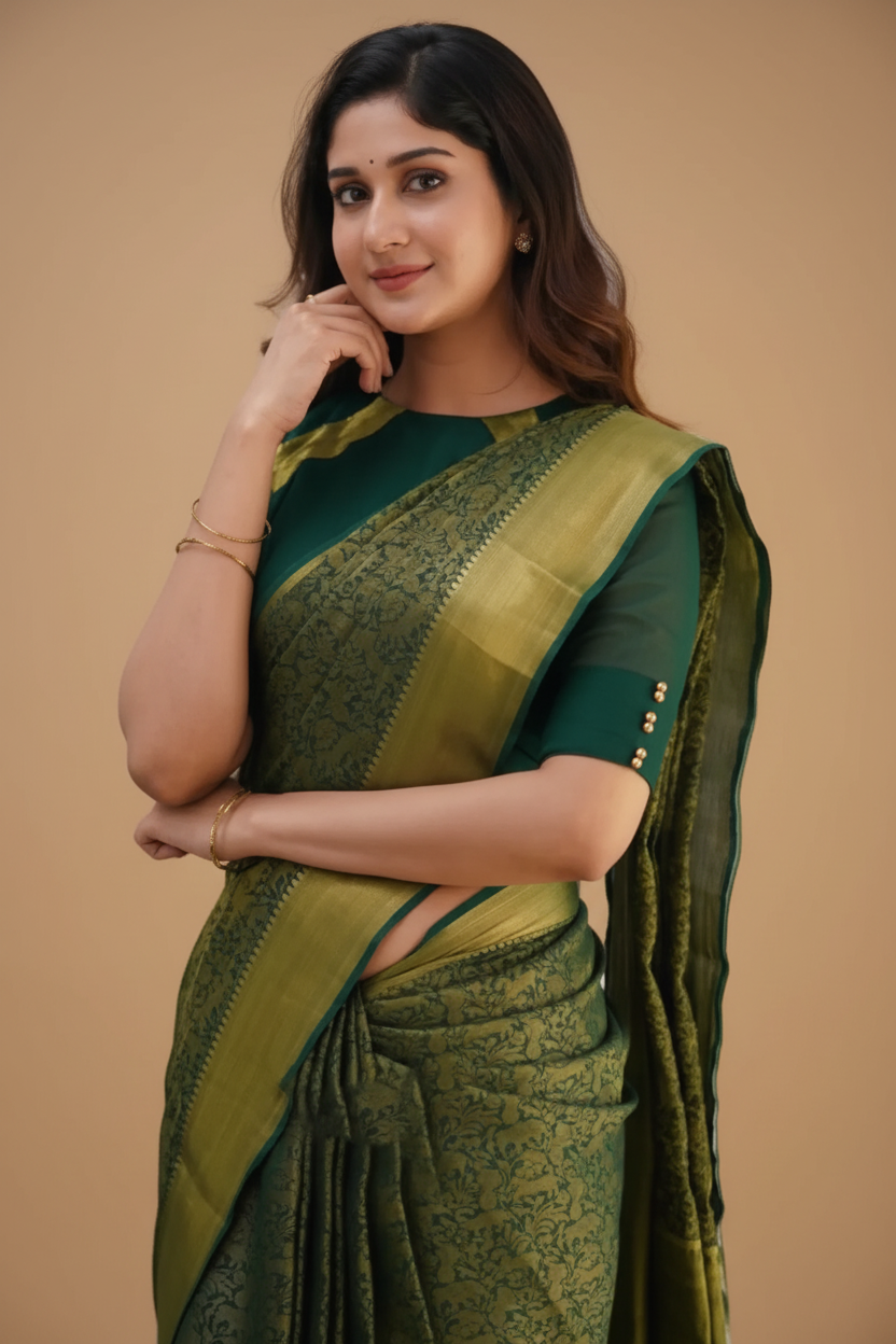 Snuggle Spot Women's Silk Printed Saree With Unstitched Blouse 5.5Mtr (Green)