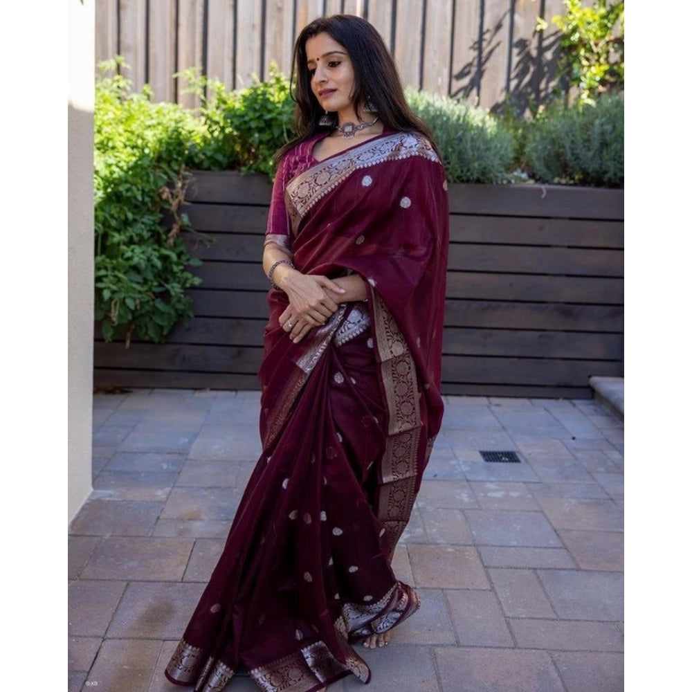 Snuggle Spot Women's Cotton  Printed Saree With Unstitched Blouse 5.5Mtr (Maroon)