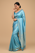 Snuggle Spot Women's Silk Printed Saree With Unstitched Blouse 5.5Mtr (Sky Blue)