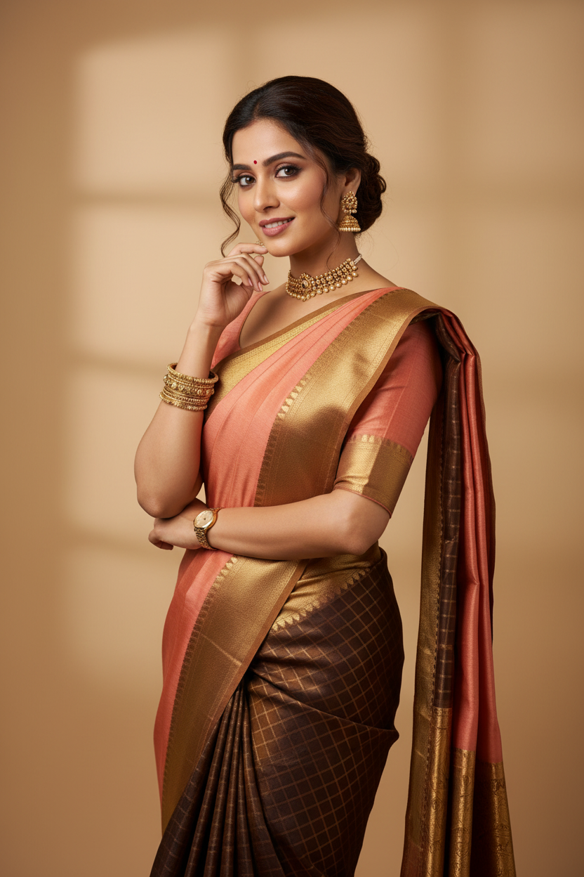 Snuggle Spot Women's Silk Printed Saree With Unstitched Blouse 5.5Mtr (Brown)