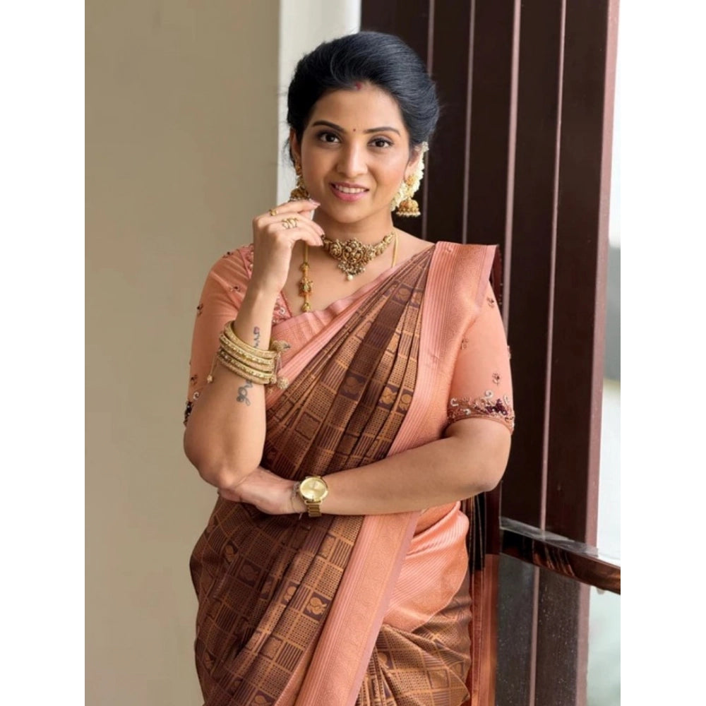 Snuggle Spot Women's Silk Printed Saree With Unstitched Blouse 5.5Mtr (Brown)