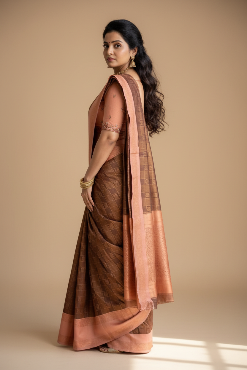 Snuggle Spot Women's Silk Printed Saree With Unstitched Blouse 5.5Mtr (Brown)