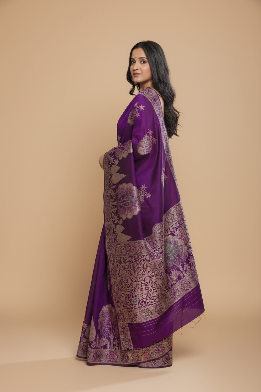 Snuggle Spot Women's Silk Printed Saree With Unstitched Blouse 5.5Mtr (Purple)