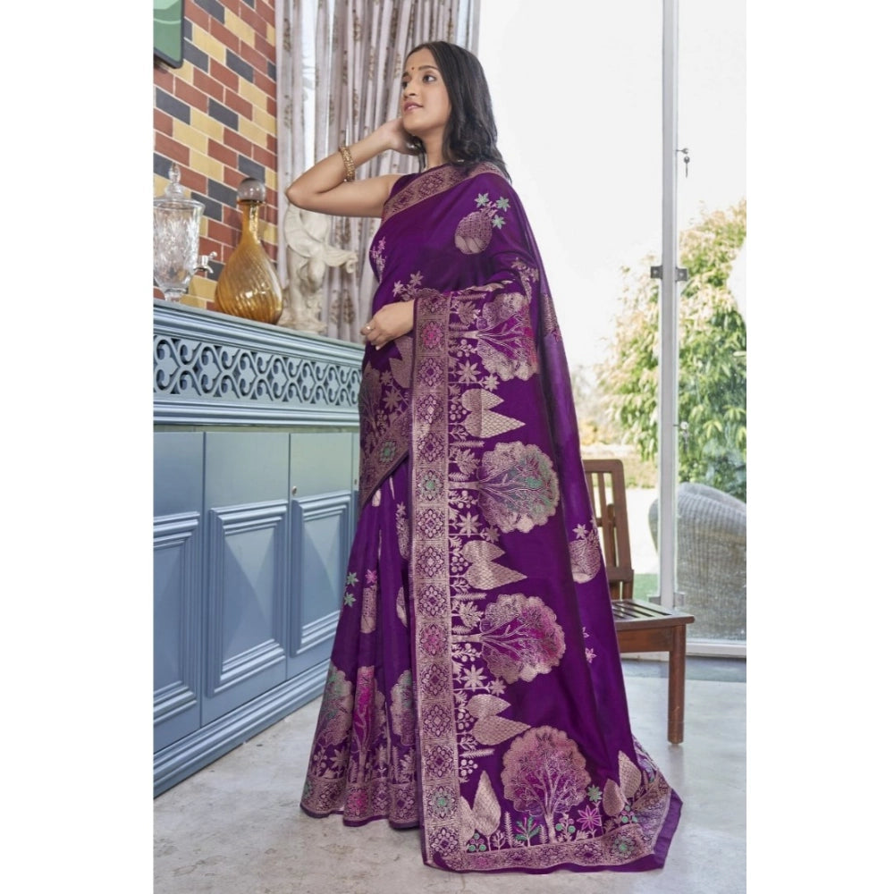 Snuggle Spot Women's Silk Printed Saree With Unstitched Blouse 5.5Mtr (Purple)