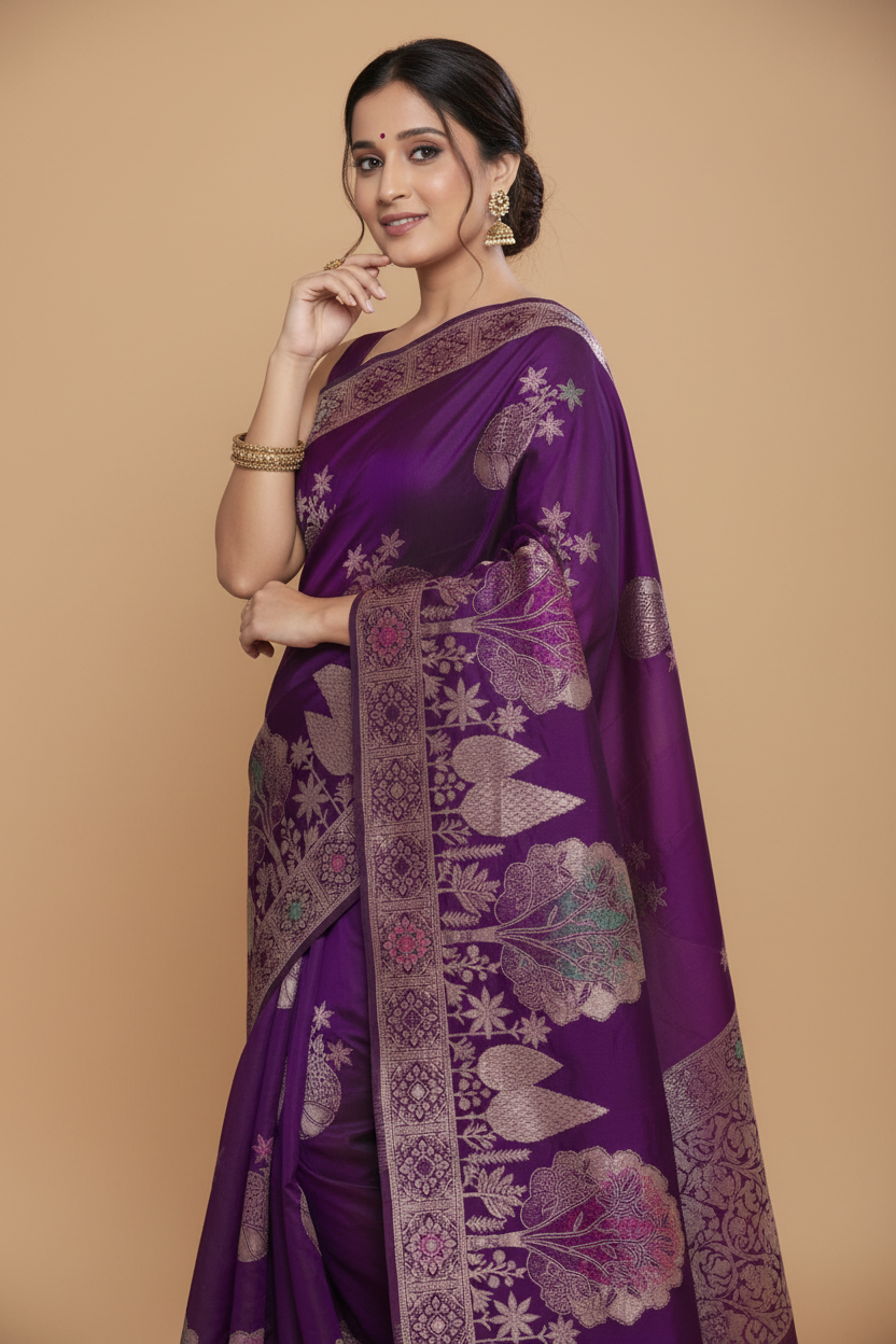 Snuggle Spot Women's Silk Printed Saree With Unstitched Blouse 5.5Mtr (Purple)