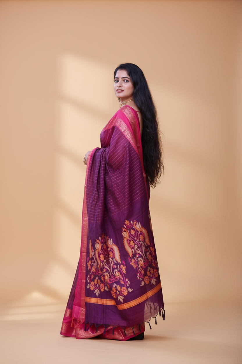 Snuggle Spot Women's Silk Printed Saree With Unstitched Blouse 5.5Mtr (Purple)