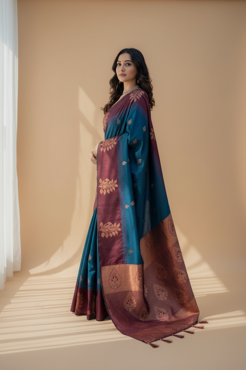 Snuggle Spot Women's Silk Printed Saree With Unstitched Blouse 5.5Mtr (Blue)