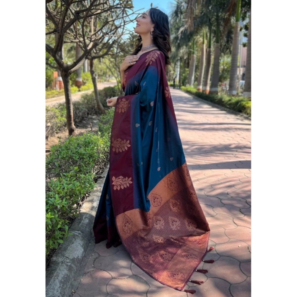Snuggle Spot Women's Silk Printed Saree With Unstitched Blouse 5.5Mtr (Blue)
