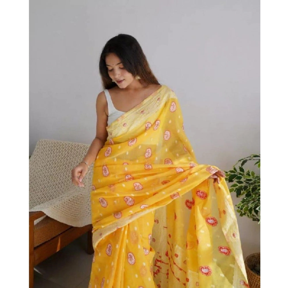 Snuggle Spot Women's Cotton  Printed Saree With Unstitched Blouse 5.5Mtr (Yellow)