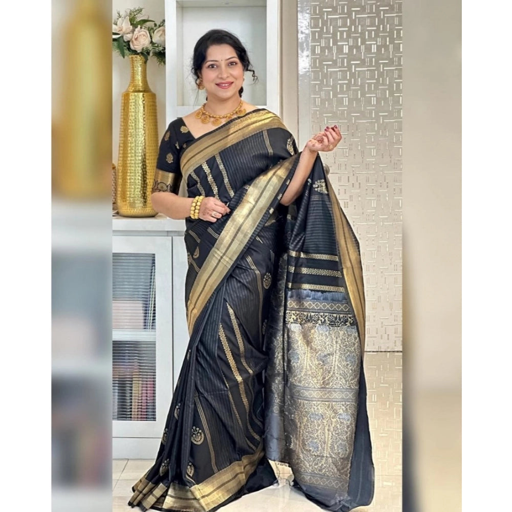 Snuggle Spot Women's Silk Printed Saree With Unstitched Blouse 5.5Mtr (Black)