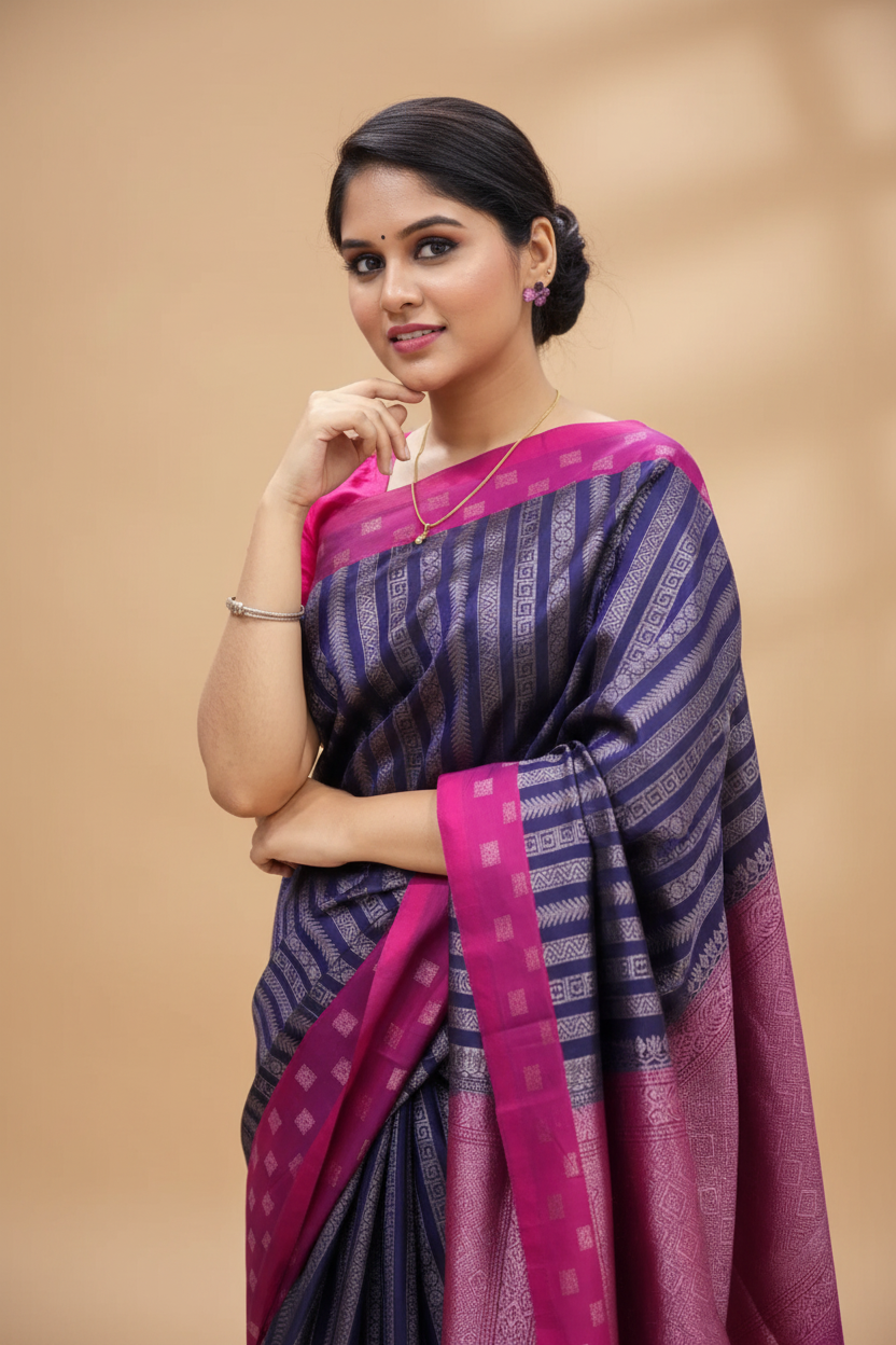 Snuggle Spot Women's Silk Printed Saree With Unstitched Blouse 5.5Mtr (Navy Blue)