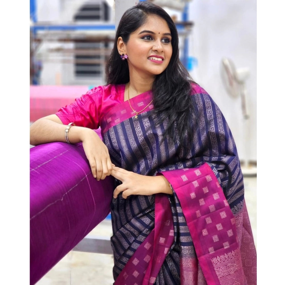 Snuggle Spot Women's Silk Printed Saree With Unstitched Blouse 5.5Mtr (Navy Blue)