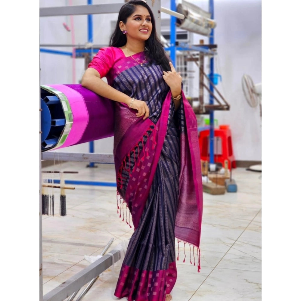 Snuggle Spot Women's Silk Printed Saree With Unstitched Blouse 5.5Mtr (Navy Blue)