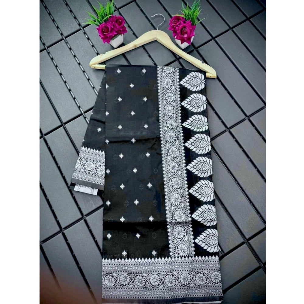 Snuggle Spot Women's Silk Printed Saree With Unstitched Blouse 5.5Mtr (Black)
