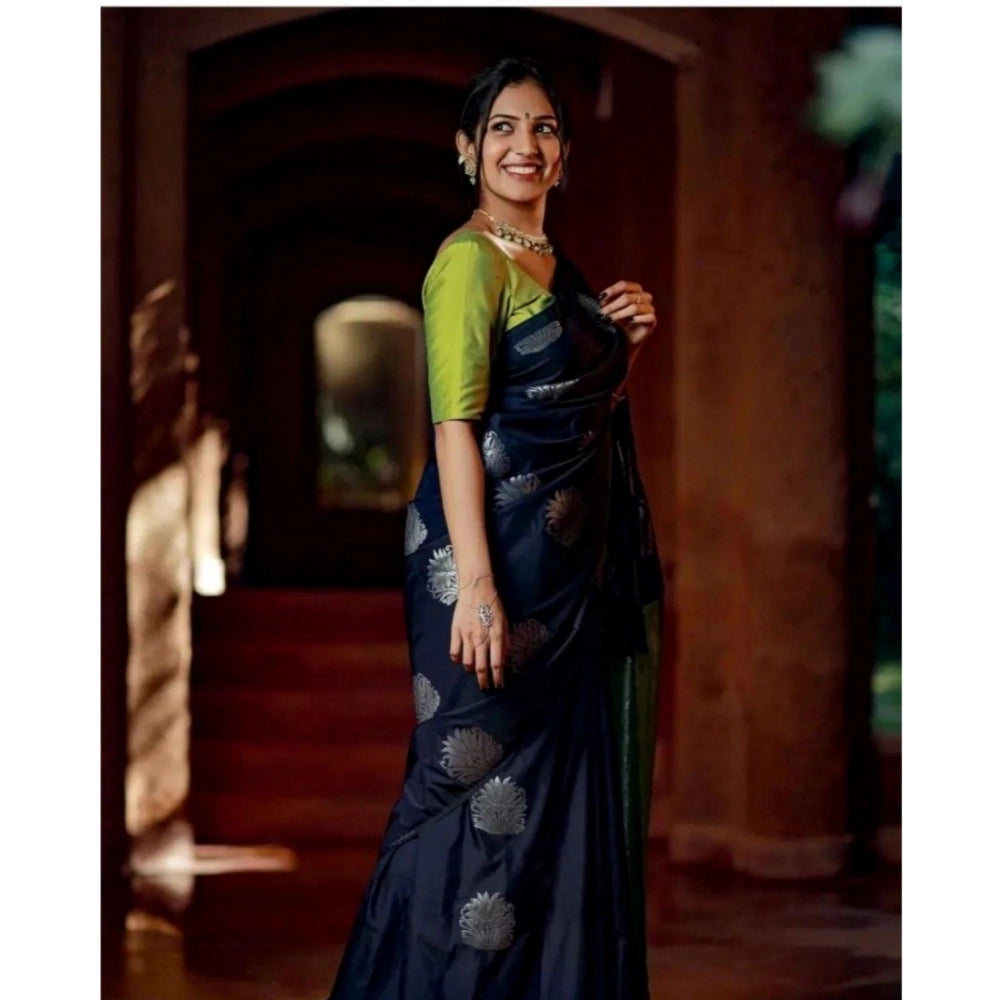 Snuggle Spot Women's Silk Printed Saree With Unstitched Blouse 5.5Mtr (Navy Blue)