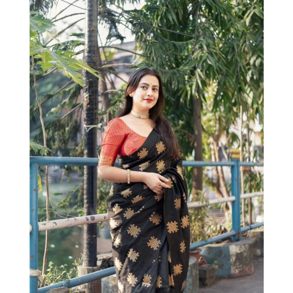 Snuggle Spot Women's Silk Printed Saree With Unstitched Blouse 5.5Mtr (Blacl-Orange)