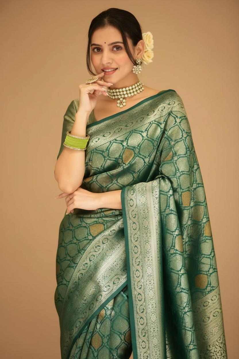 Snuggle Spot Women's Silk Printed Saree With Unstitched Blouse 5.5Mtr (Green)