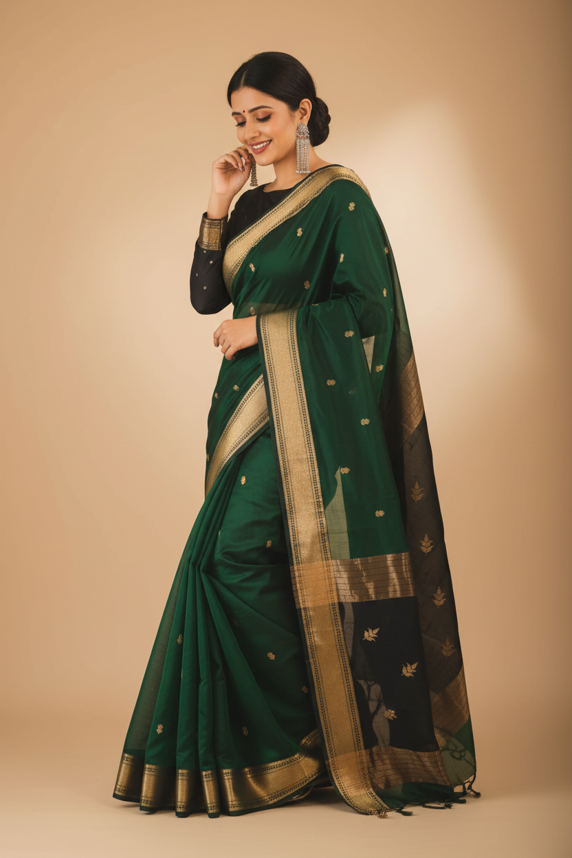 Snuggle Spot Women's Silk Printed Saree With Unstitched Blouse 5.5Mtr (Dark Green)