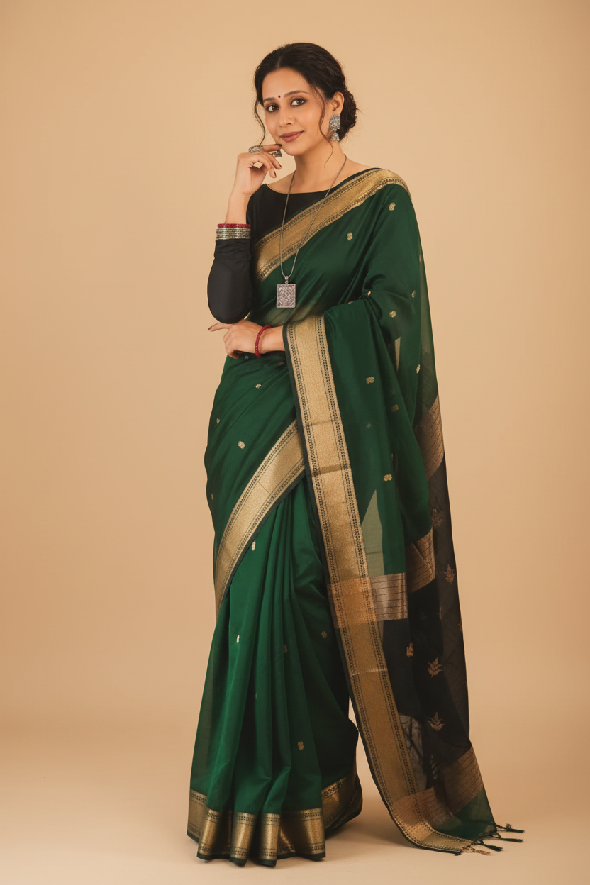 Snuggle Spot Women's Silk Printed Saree With Unstitched Blouse 5.5Mtr (Dark Green)