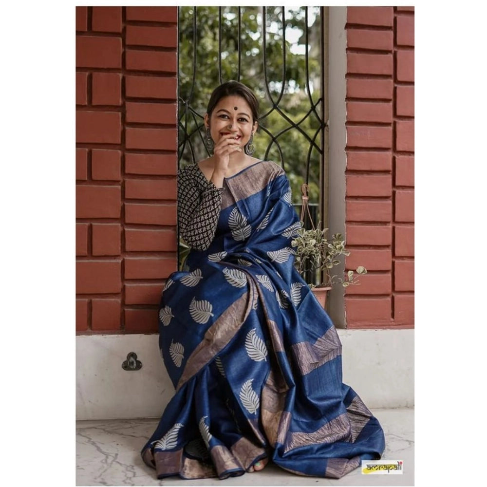 Snuggle Spot Women's Silk Printed Saree With Unstitched Blouse 5.5Mtr (Navy Blue)