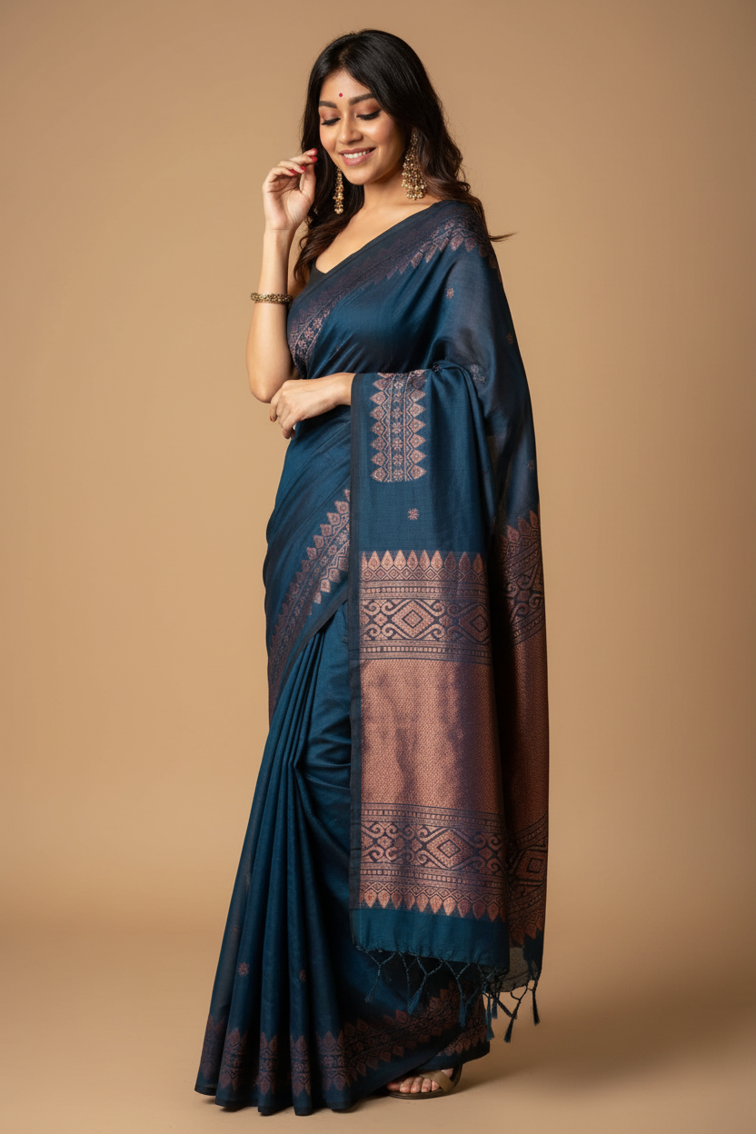 Snuggle Spot Women's Silk Printed Saree With Unstitched Blouse 5.5Mtr (Navy Blue)