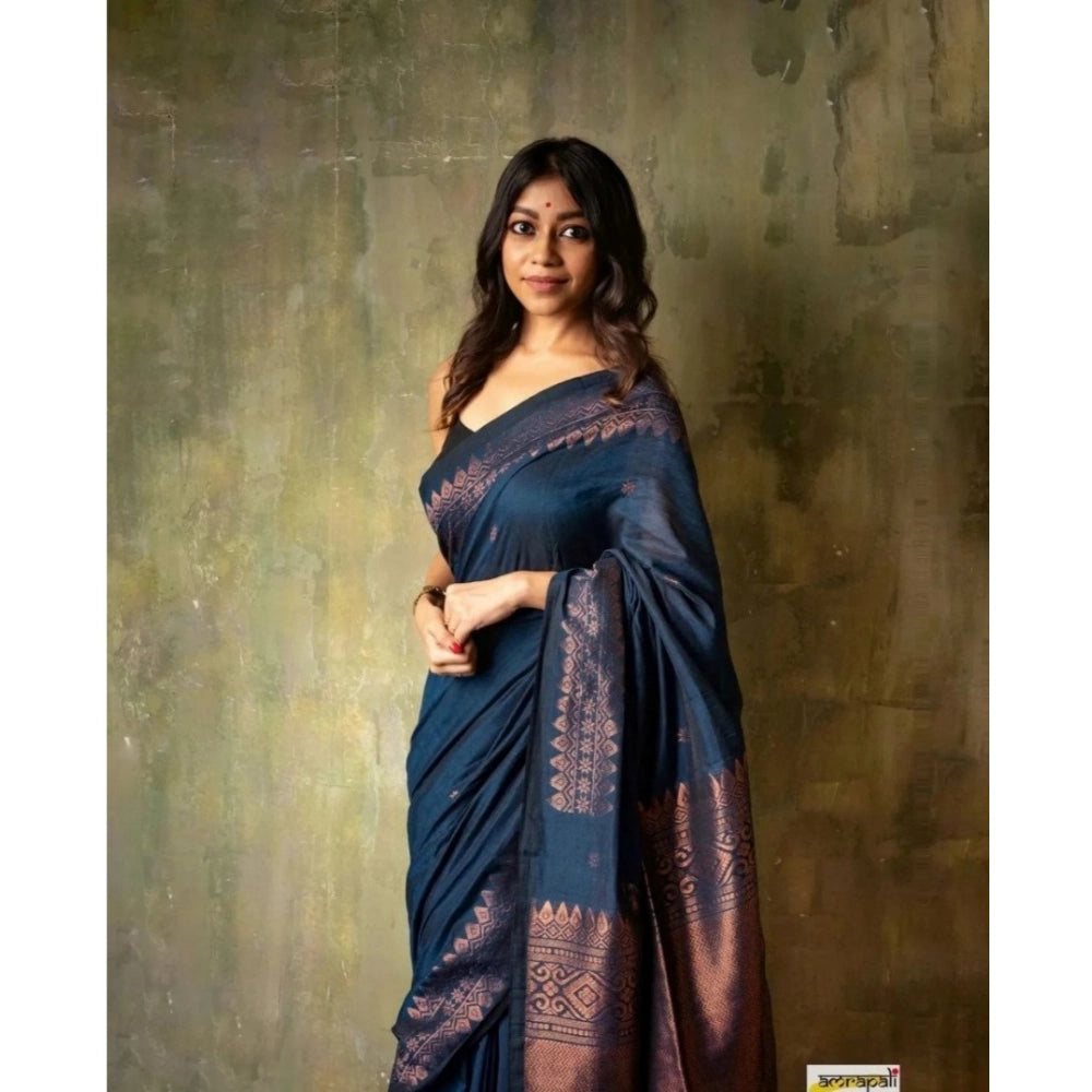 Snuggle Spot Women's Silk Printed Saree With Unstitched Blouse 5.5Mtr (Navy Blue)