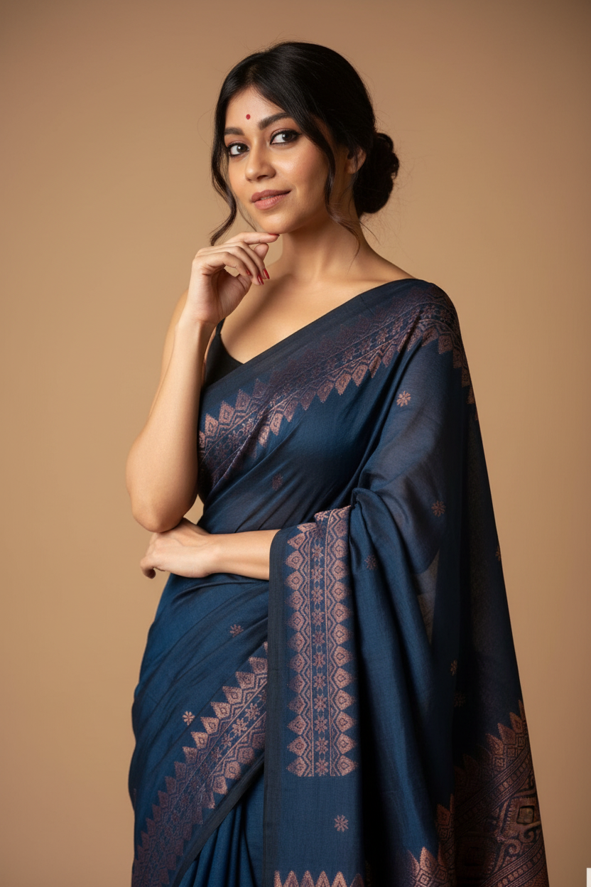 Snuggle Spot Women's Silk Printed Saree With Unstitched Blouse 5.5Mtr (Navy Blue)