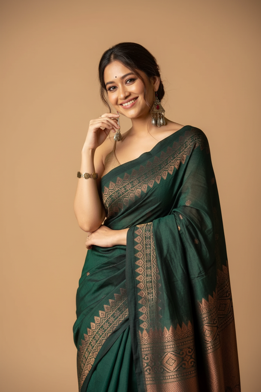 Snuggle Spot Women's Silk Printed Saree With Unstitched Blouse 5.5Mtr (Green)