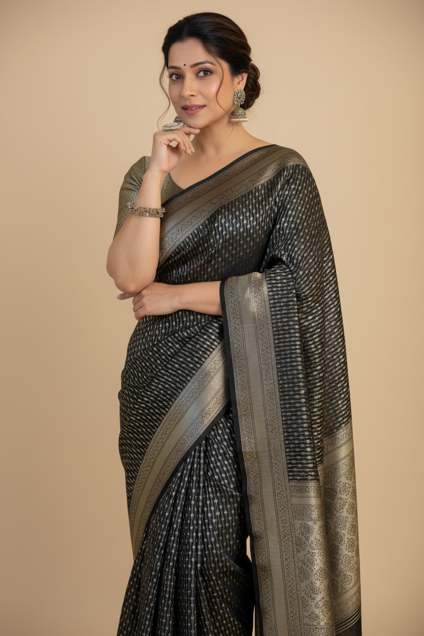 Snuggle Spot Women's Silk Printed Saree With Unstitched Blouse 5.5Mtr (Black)