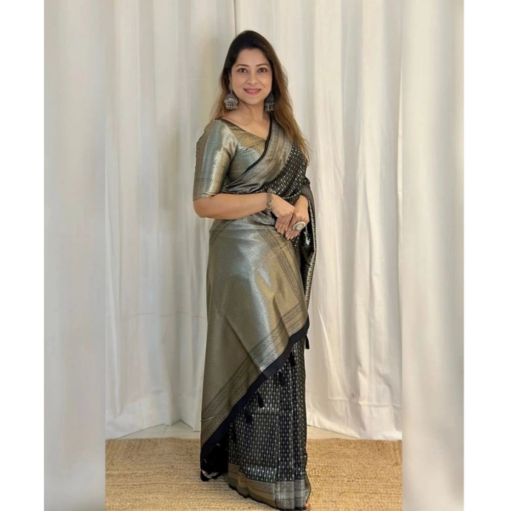 Snuggle Spot Women's Silk Printed Saree With Unstitched Blouse 5.5Mtr (Black)