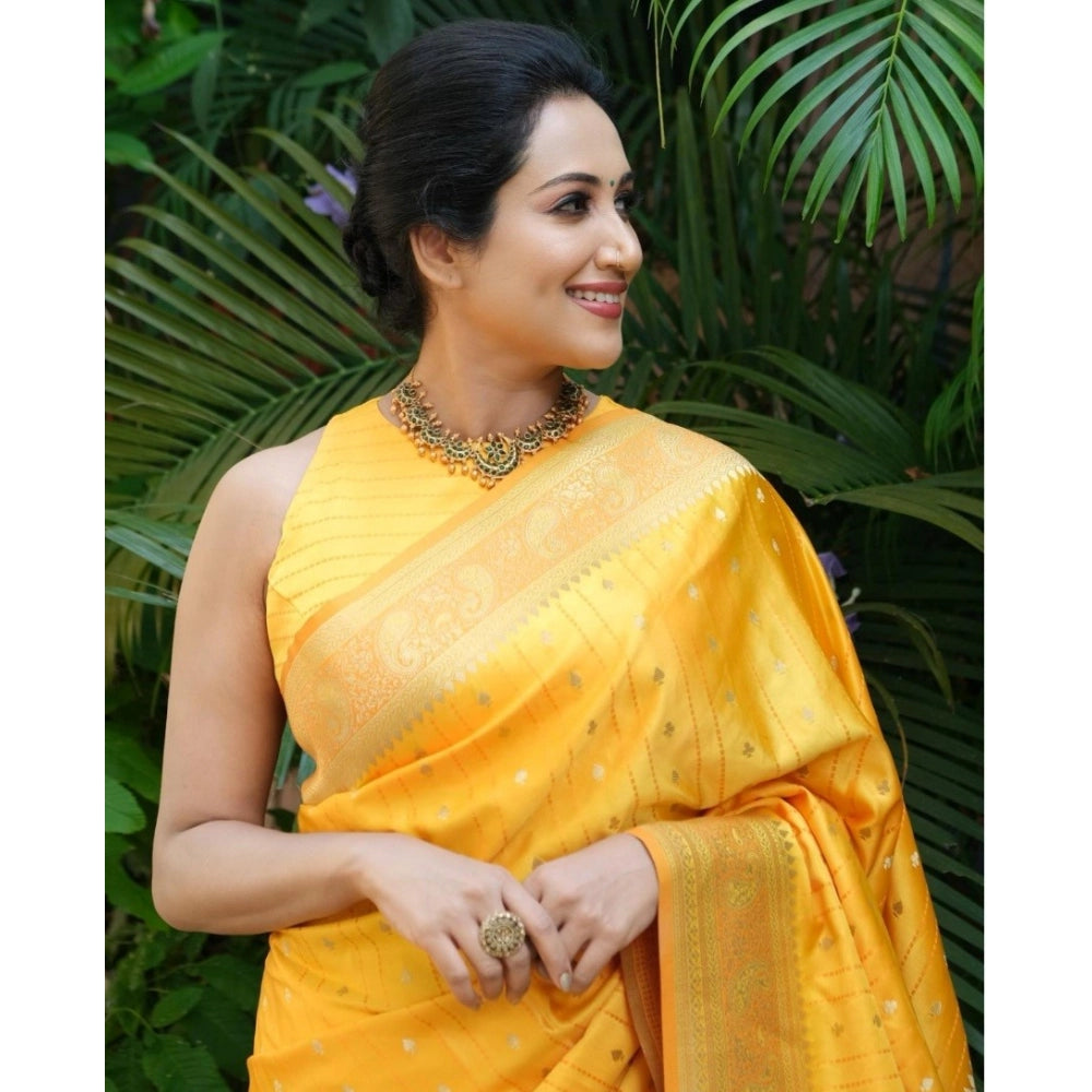 Snuggle Spot Women's Silk Printed Saree With Unstitched Blouse 5.5Mtr (Yellow)