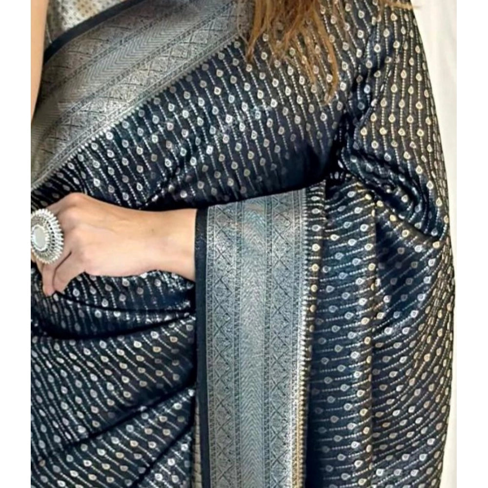 Snuggle Spot Women's Silk Printed Saree With Unstitched Blouse 5.5Mtr (Black)