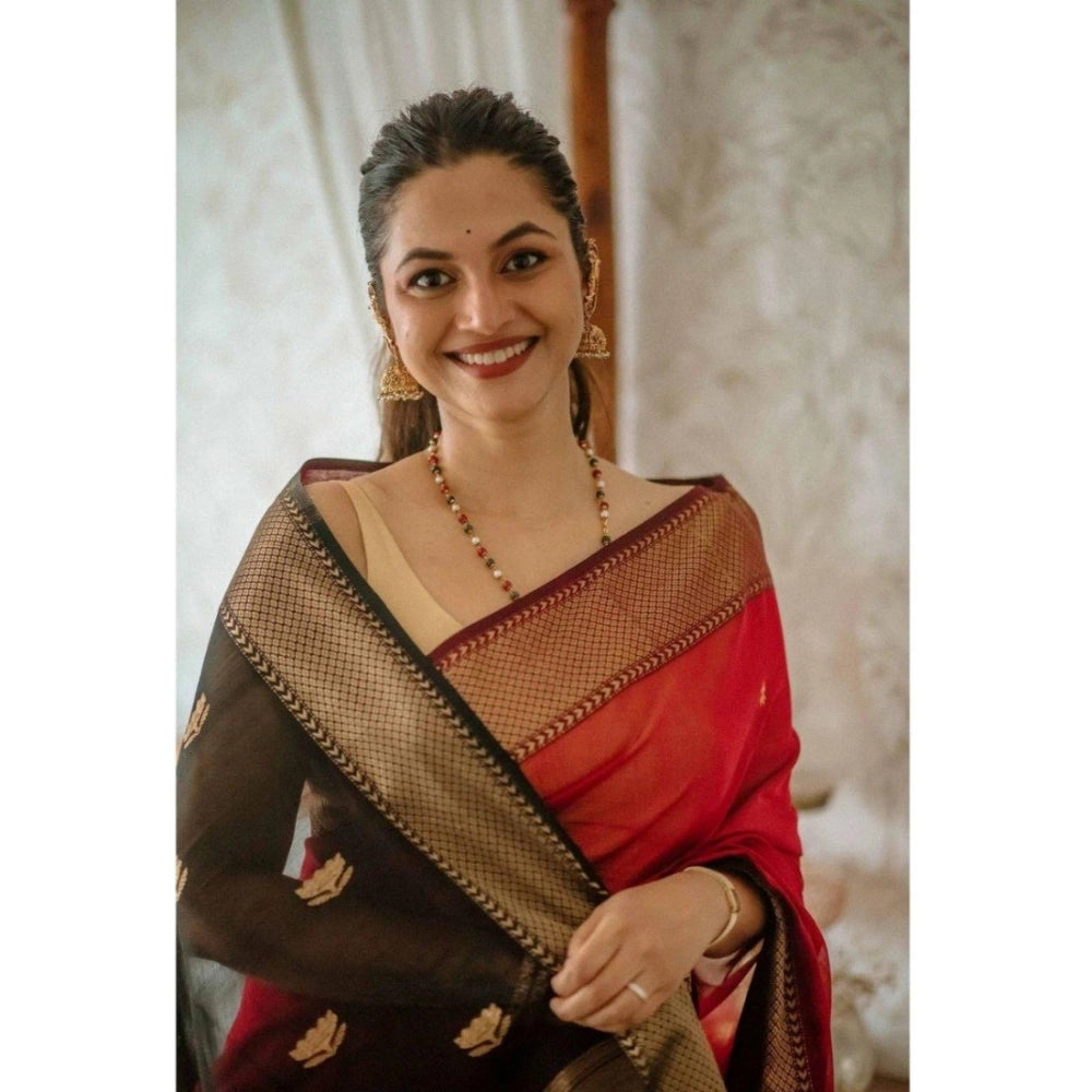 Snuggle Spot Women's Cotton  Printed Saree With Unstitched Blouse 5.5Mtr (Red)