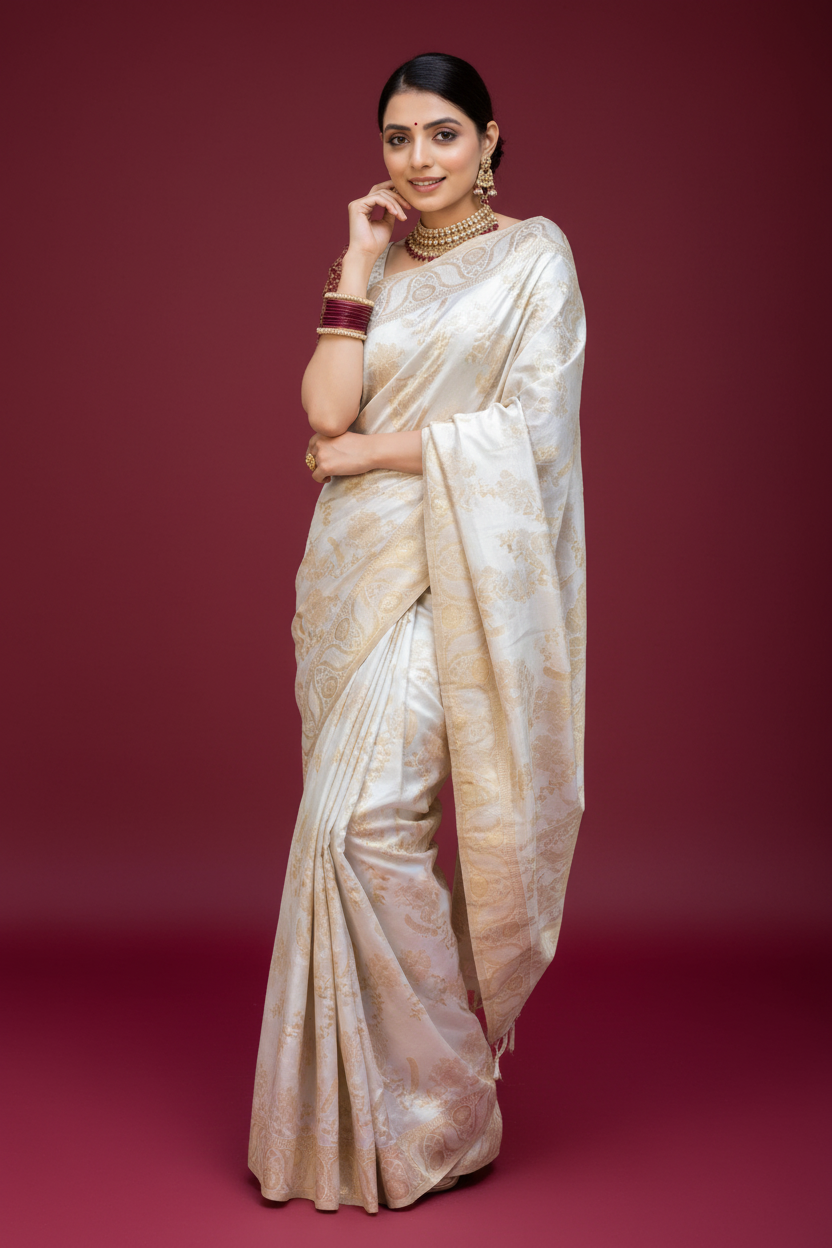 Snuggle Spot Women's Silk Printed Saree With Unstitched Blouse 5.5Mtr (White)