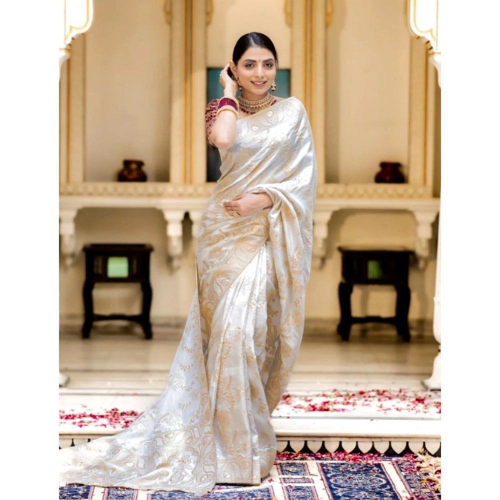 Snuggle Spot Women's Silk Printed Saree With Unstitched Blouse 5.5Mtr (White)