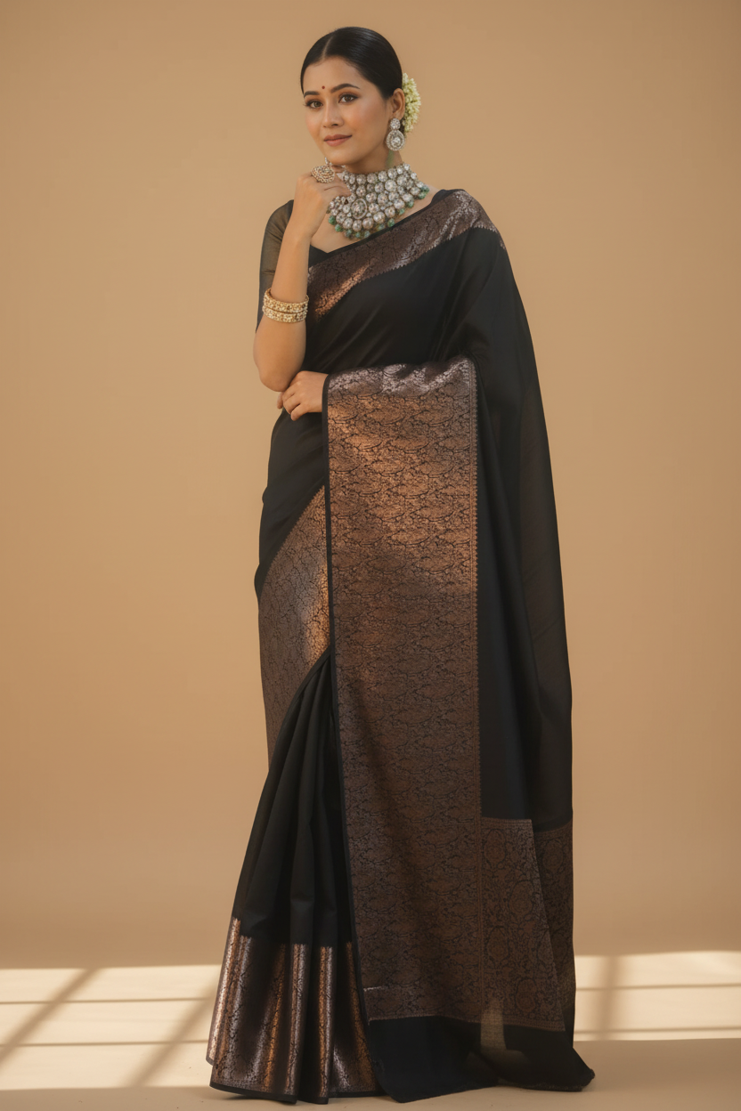 Snuggle Spot Women's Silk Printed Saree With Unstitched Blouse 5.5Mtr (Black)