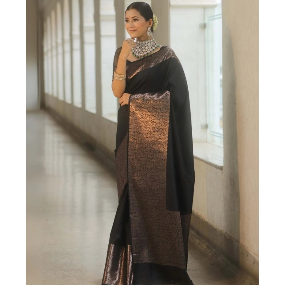 Snuggle Spot Women's Silk Printed Saree With Unstitched Blouse 5.5Mtr (Black)