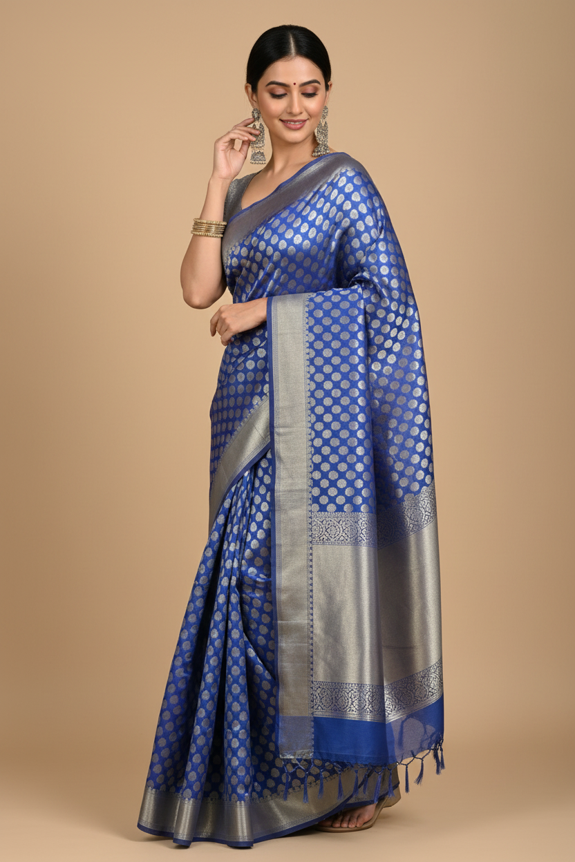 Snuggle Spot Women's Silk Printed Saree With Unstitched Blouse 5.5Mtr (Royal Blue)