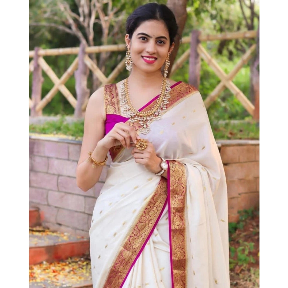 Snuggle Spot Women's Silk Printed Saree With Unstitched Blouse 5.5Mtr (White)