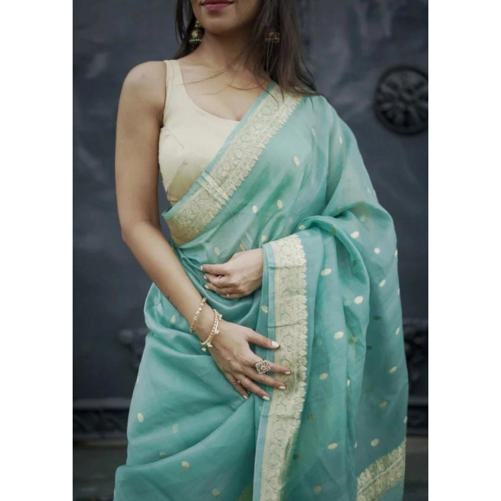 Snuggle Spot Women's Cotton  Printed Saree With Unstitched Blouse 5.5Mtr (Sky)