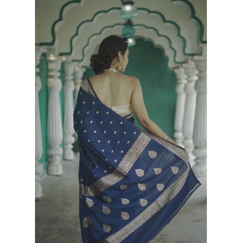 Snuggle Spot Women's Cotton  Printed Saree With Unstitched Blouse 5.5Mtr (Navy Blue)