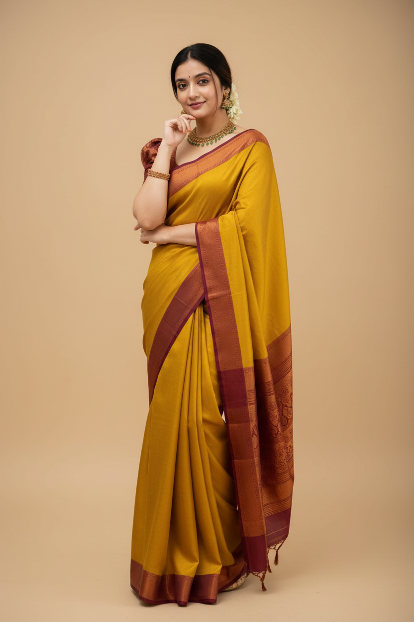 Snuggle Spot Women's Silk Printed Saree With Unstitched Blouse 5.5Mtr (Yellow)