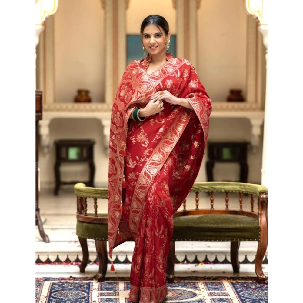 Snuggle Spot Women's Silk Printed Saree With Unstitched Blouse 5.5Mtr (Red)