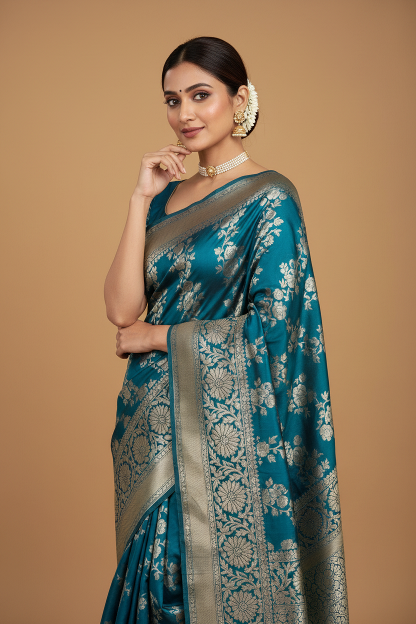 Snuggle Spot Women's Silk Printed Saree With Unstitched Blouse 5.5Mtr (Teal Blue)