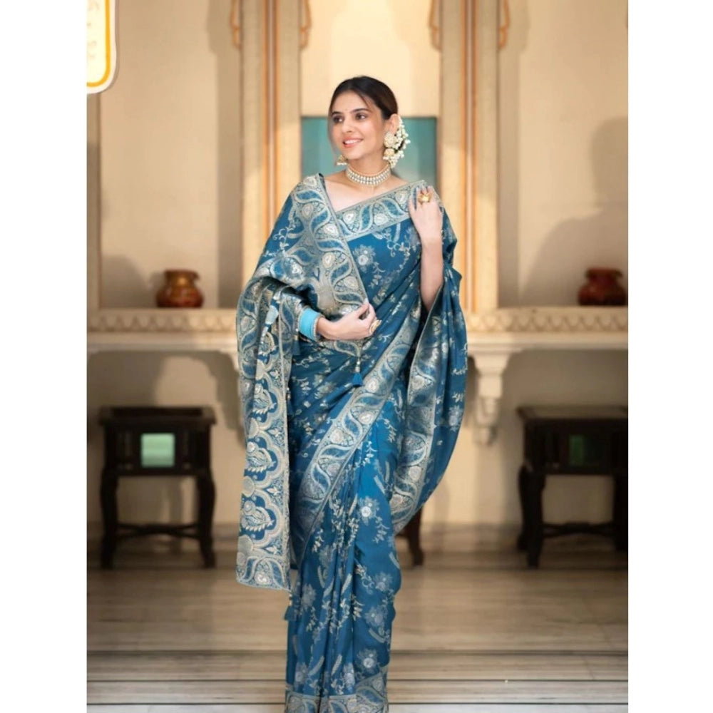 Snuggle Spot Women's Silk Printed Saree With Unstitched Blouse 5.5Mtr (Teal Blue)