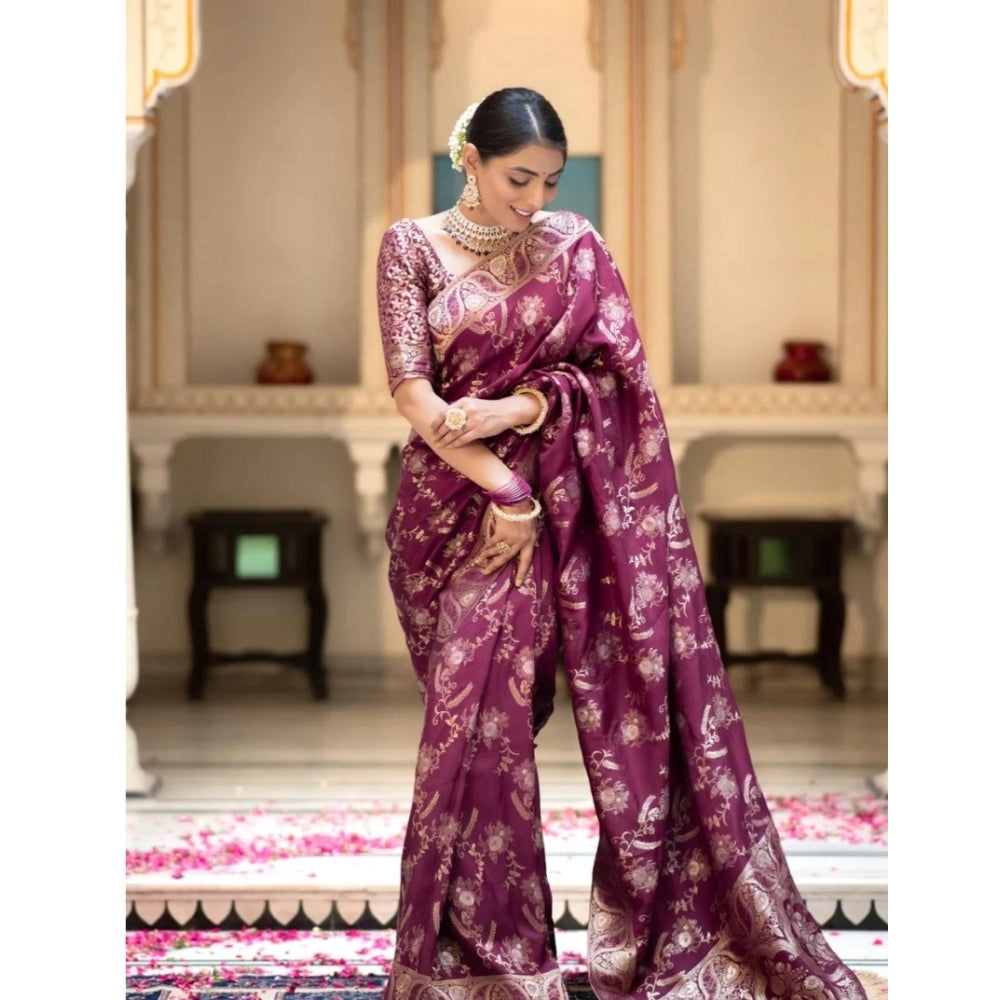 Snuggle Spot Women's Silk Printed Saree With Unstitched Blouse 5.5Mtr (Wine)